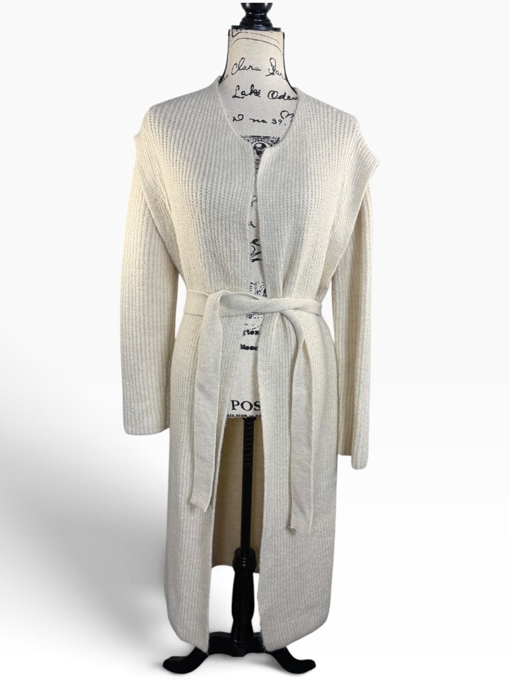 Express Cream Long Belted Rib-Knit Cardigan Sweater size XS